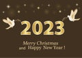 Merry Christmas 2023, greeting card with doves with laurel branches on the background of the New Year`s golden date 2023